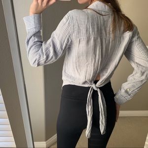 Madewell White and Light Gray Striped Button-Down Tie-Back Shirt